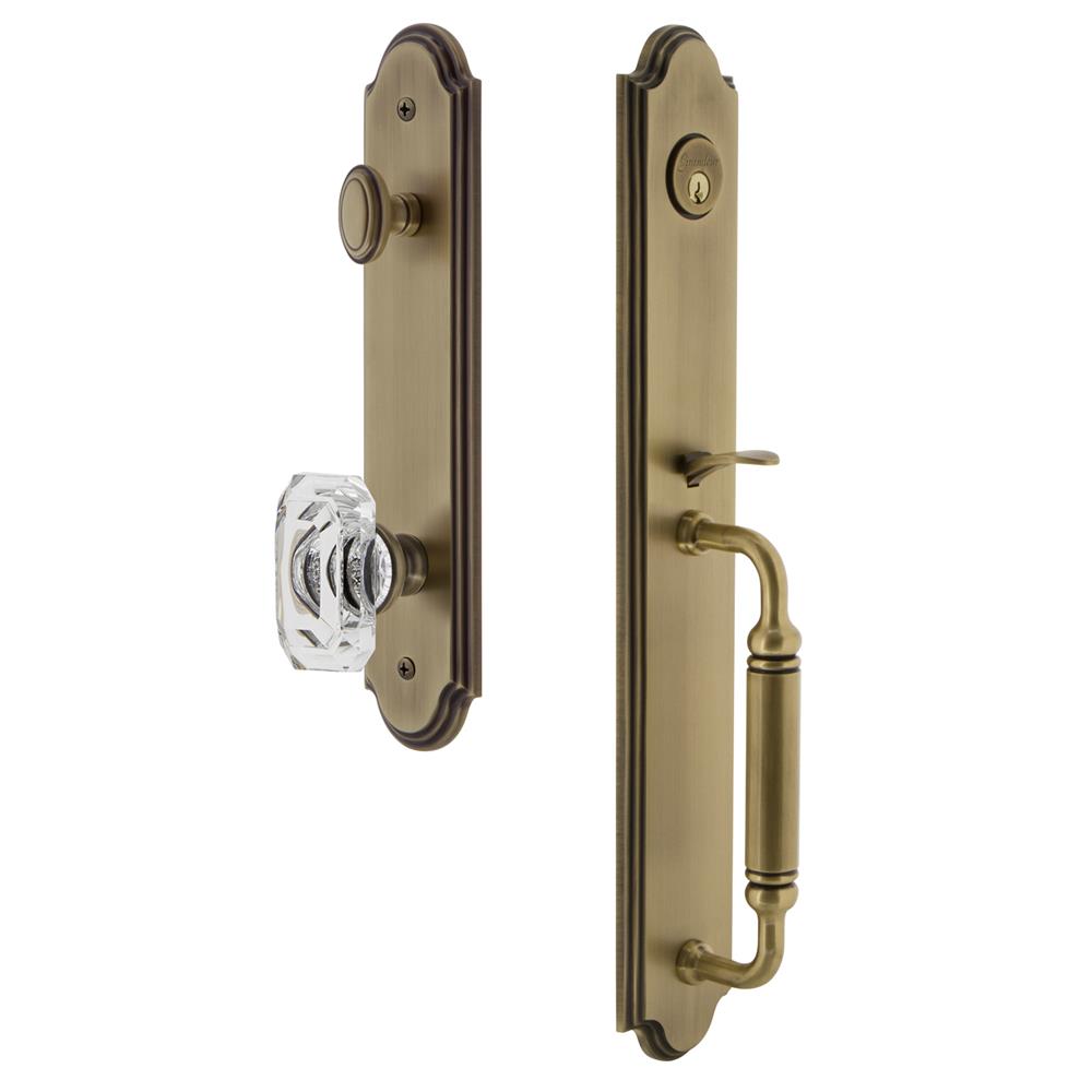 Grandeur by Nostalgic Warehouse ARCCGRBCC Arc One-Piece Handleset with C Grip and Baguette Clear Crystal Knob in Vintage Brass